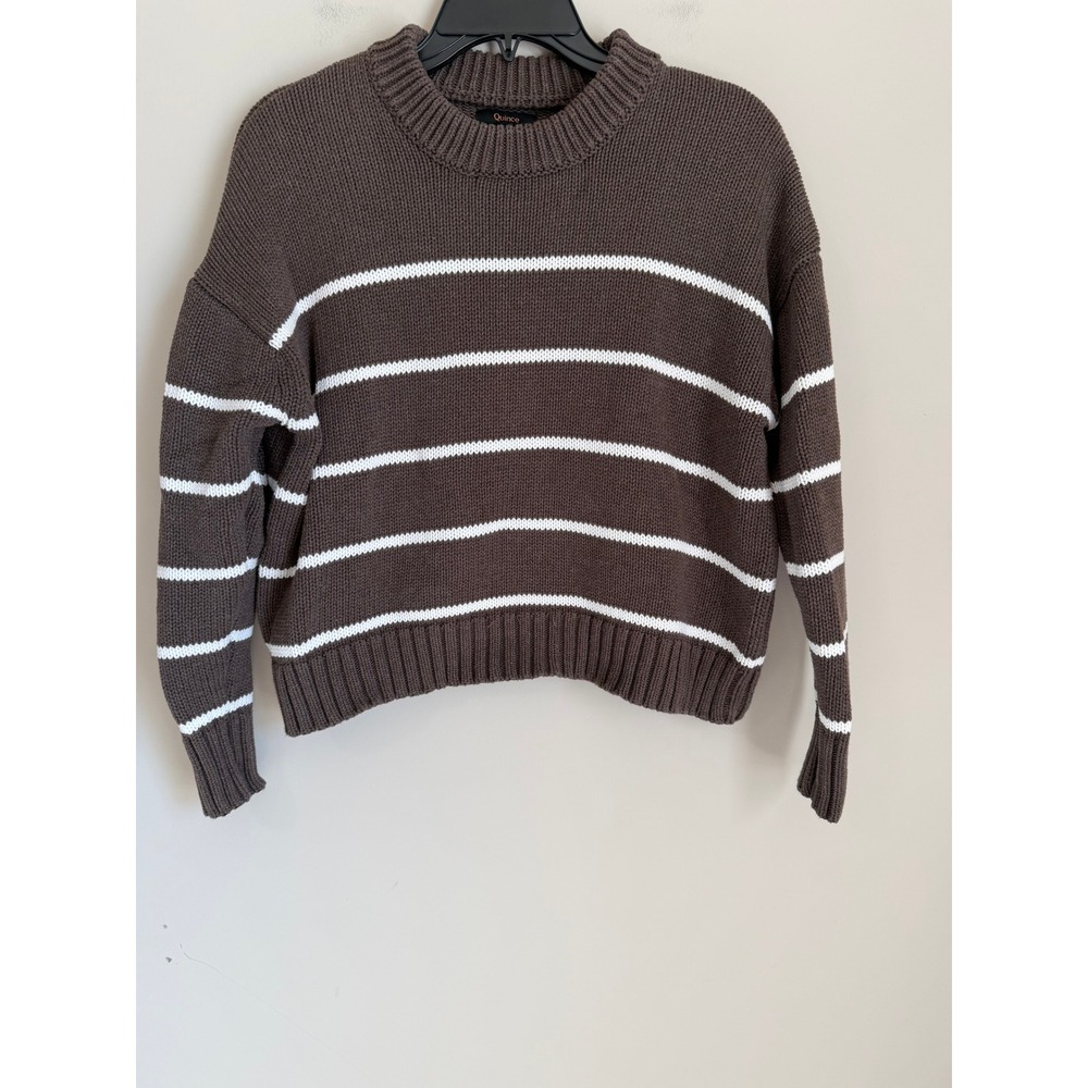 Quince 100% Organic Cotton Sweater Womens XS Brown White Striped Shaker Stitch